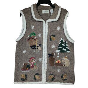 Brown Sherpa-Lined Vest with Bear Embroidery